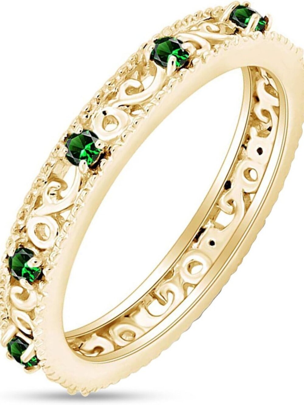 Elegant Filigree Eternity Wedding Band Ring with Round Cut Birthstone for Women